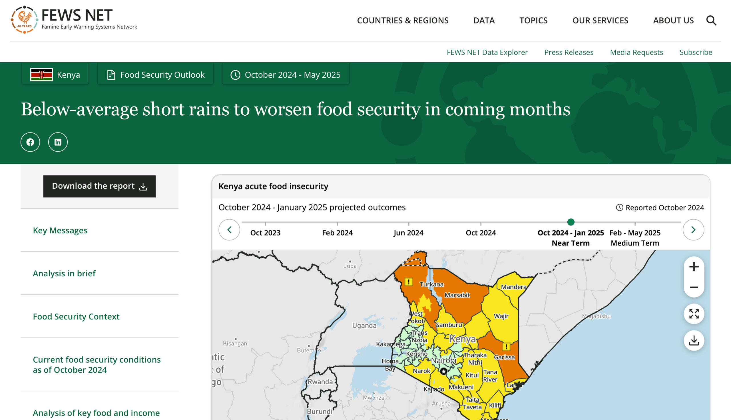 Famine Early Warning Systems Network Screenshot of a report page on the Famine Early Warning Systems Network website with a headline, section navigation sidebar, and an interactive map of Kenya.
